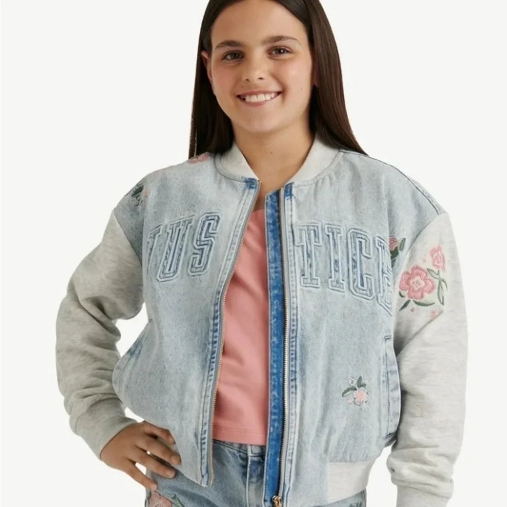Justice Blue and Gray Bomber Jacket with Floral Design, Embroidery 0079